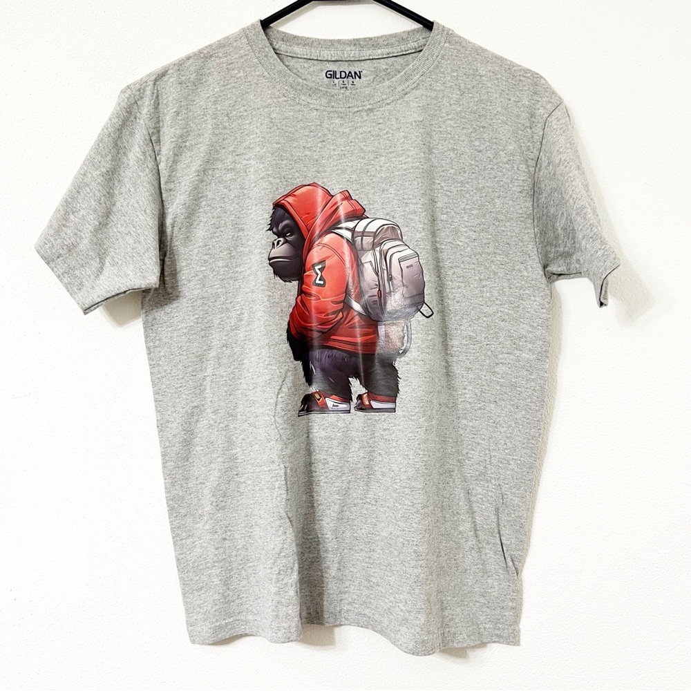 Youth Graphic T-Shirt – Gorilla in Hoodie & Backpack | Size Large (14/16)